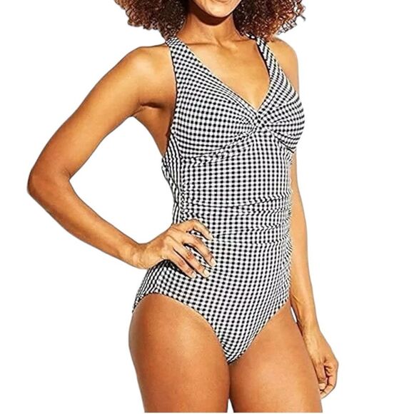 NWT Kona Sol Shirred Seersucker One Piece Swimsuit Black & White Size Medium NEW - Picture 1 of 14